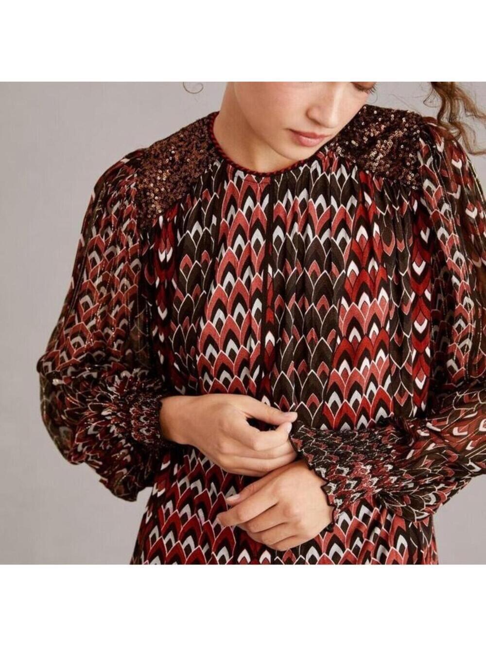 NWOT Bl-nk London Anthropologie Sequin Embellished Patterned Blouse Smocked L